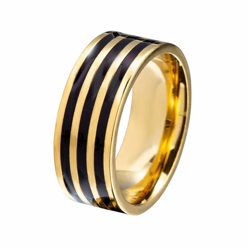 Stainless Steel 8Mm Wide Black Enamel Lines Men'S Ring Simple Fashion Gold Plated Color Ring Customized Man Jewelry Rings - MCROONS.COM