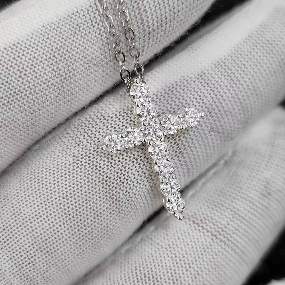 Sterling Silver Jesus Cross Pendant Iced Out Moissanite Christian Religious Jewelry White Gold Plated Gift for Women - MCROONS.COM