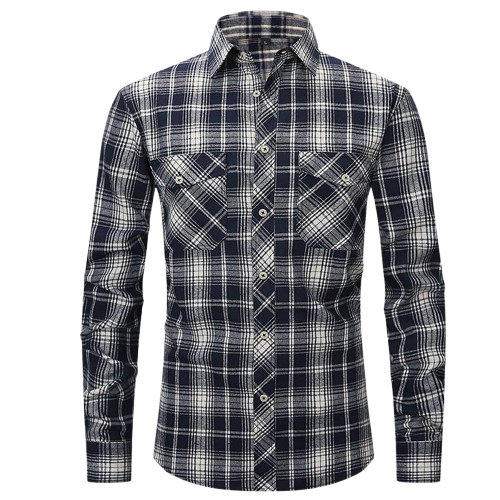 Men's High-End Vintage Style Plaid Flannel Shirt Long Sleeved Double Pocket Fashionable Print Cotton Casual Shirt Anti-Wrinkle
