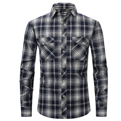 Men's High-End Vintage Style Plaid Flannel Shirt Long Sleeved Double Pocket Fashionable Print Cotton Casual Shirt Anti-Wrinkle