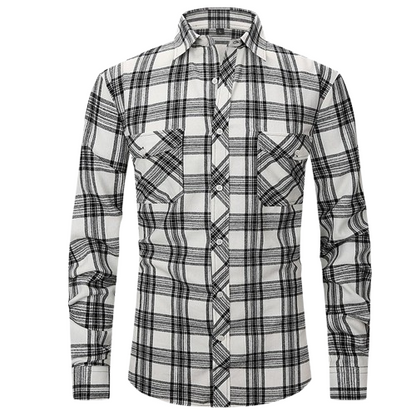 Men's High-End Vintage Style Plaid Flannel Shirt Long Sleeved Double Pocket Fashionable Print Cotton Casual Shirt Anti-Wrinkle