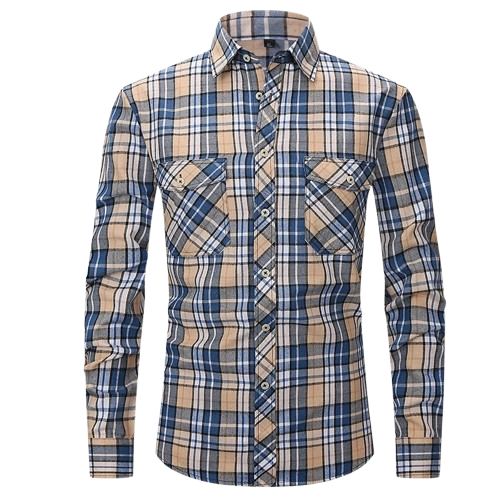 Men's High-End Vintage Style Plaid Flannel Shirt Long Sleeved Double Pocket Fashionable Print Cotton Casual Shirt Anti-Wrinkle