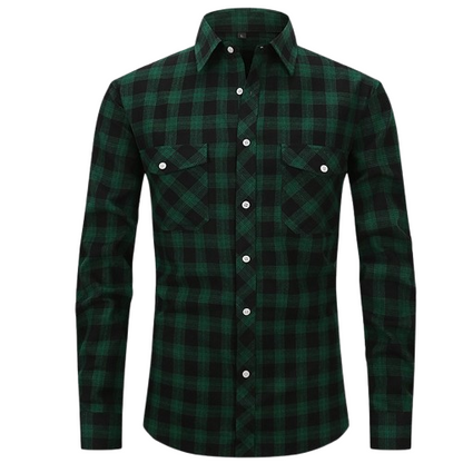 Men's High-End Vintage Style Plaid Flannel Shirt Long Sleeved Double Pocket Fashionable Print Cotton Casual Shirt Anti-Wrinkle