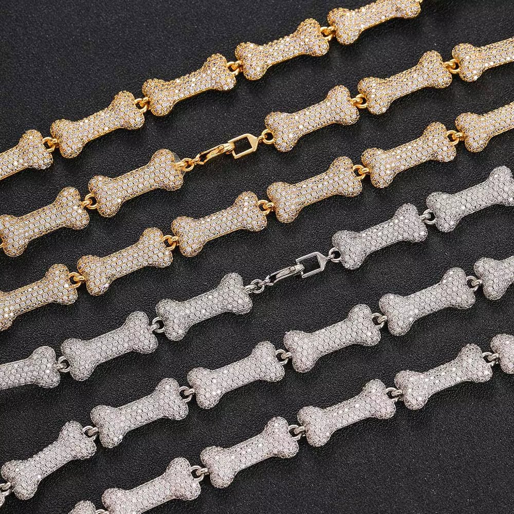 Wholesale Iced Out Neck Chain for Men Hip Hop Silver Bone Cuban Link Chain Necklace Jewelry - MCROONS.COM