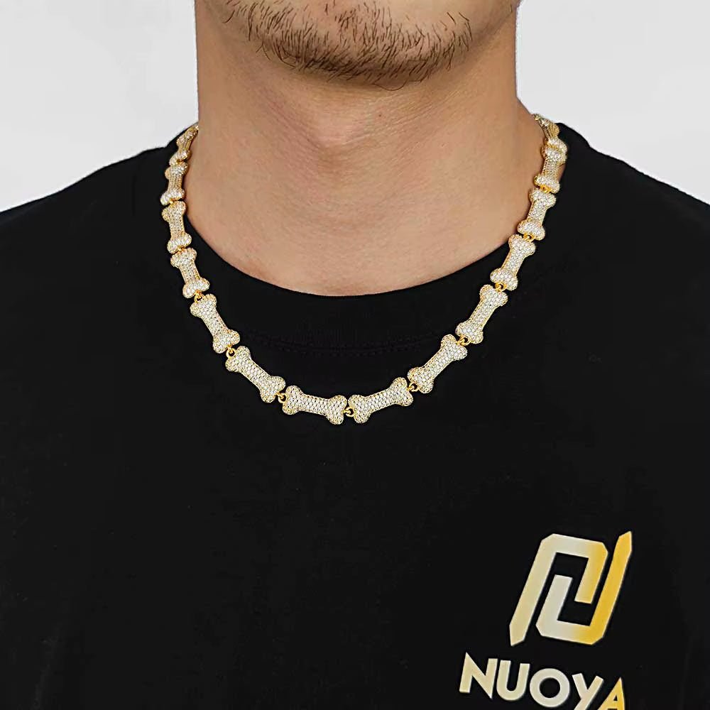 Wholesale Iced Out Neck Chain for Men Hip Hop Silver Bone Cuban Link Chain Necklace Jewelry - MCROONS.COM