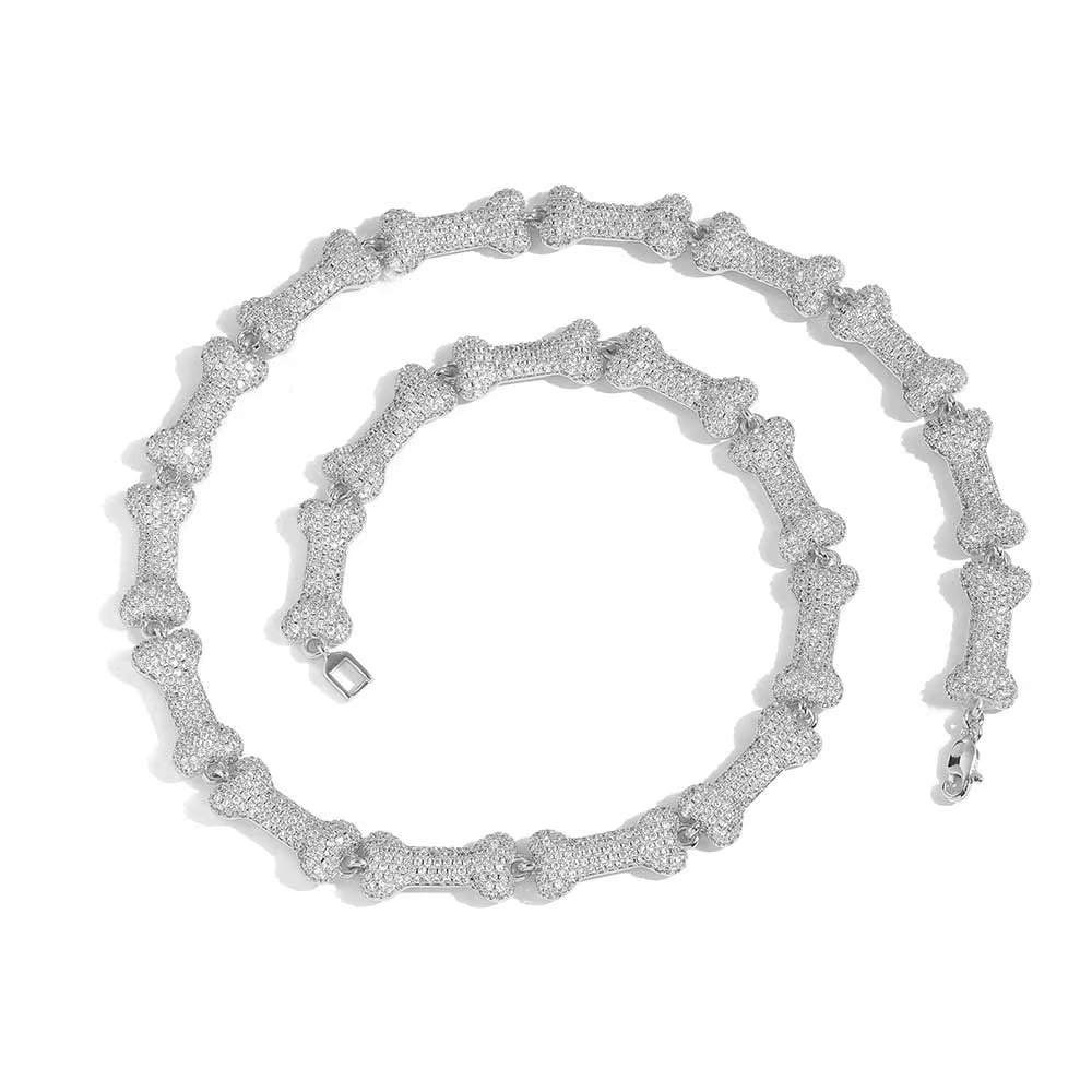 Wholesale Iced Out Neck Chain for Men Hip Hop Silver Bone Cuban Link Chain Necklace Jewelry - MCROONS.COM