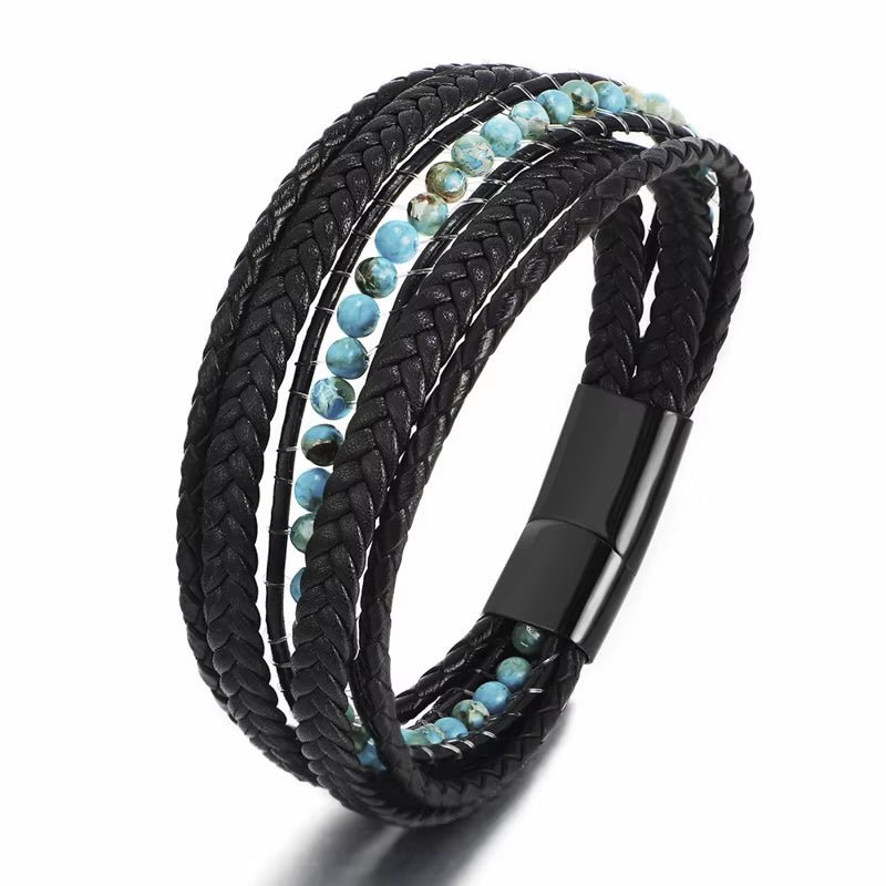 Wholesale Mens Bead Bracelets Stainless Steel Handmade Woven Leather Bracelet Men - MCROONS.COM