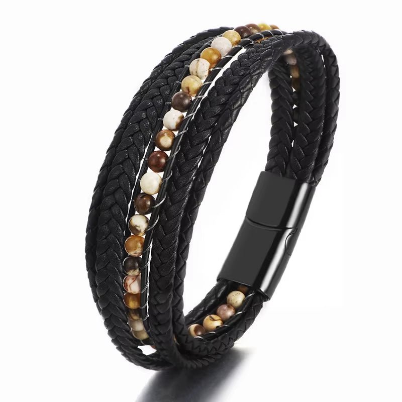 Wholesale Mens Bead Bracelets Stainless Steel Handmade Woven Leather Bracelet Men - MCROONS.COM