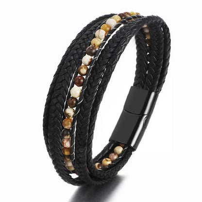 Wholesale Mens Bead Bracelets Stainless Steel Handmade Woven Leather Bracelet Men - MCROONS.COM