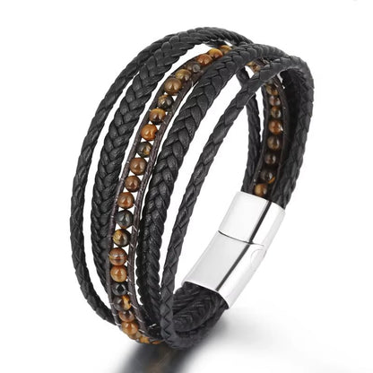 Wholesale Mens Bead Bracelets Stainless Steel Handmade Woven Leather Bracelet Men - MCROONS.COM