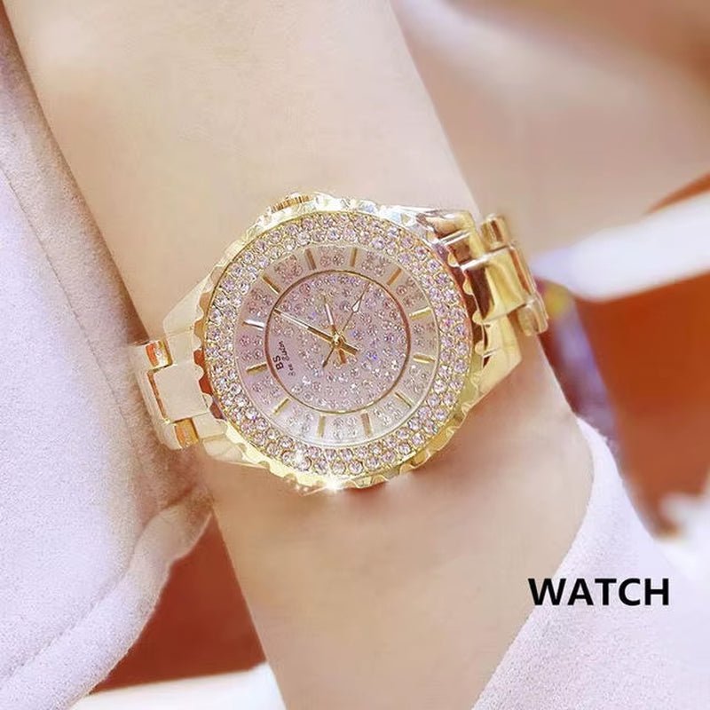 Women Watches 2024 Fashion Diamond Quartz Ladies Rose Gold Watch Luxury Stainless Steel Clock Dress Watch Ladies - MCROONS.COM