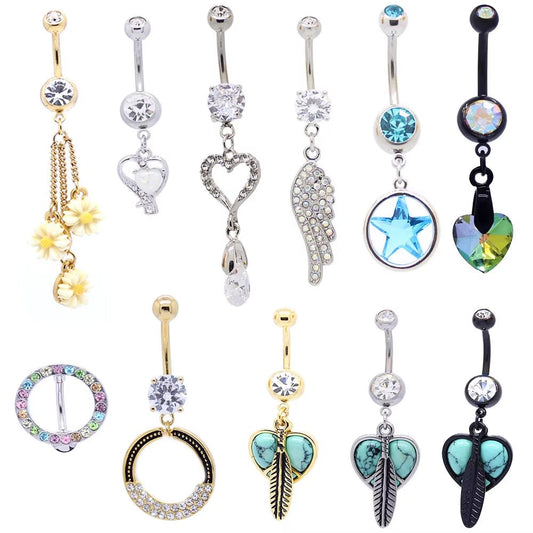 Xinfocus 2024 Hot Selling 14K Solid Gold Stainless Steel Wholesale Flower Heart Star Belly Navel Rings Body Piercing Jewelry - MCROONS.COM